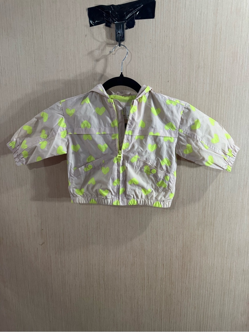 Zara Cream Rain Jacket with Neon Yellow Heart Accents Size 9-12 Months